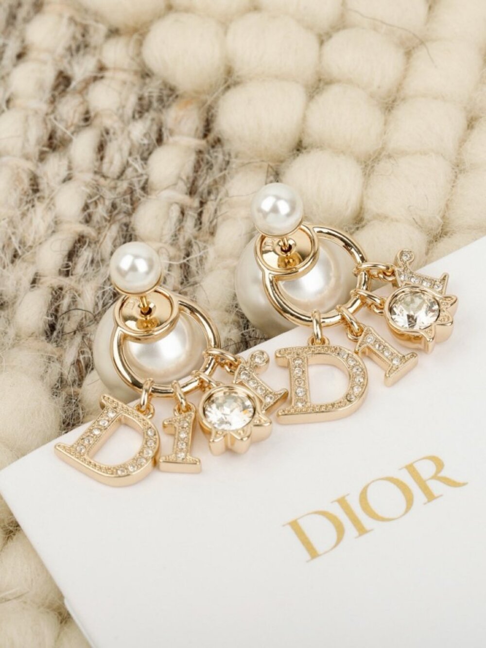Dior Gold-Tone Pearl Stud Earrings with Pavé DIOR Letter Charms